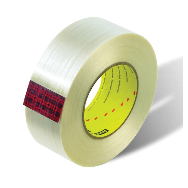 Filament Tape, Type III, 55 m Length, 36 mm Width, 8 mil Thickness, Fiberglass Yarn Filament, Clear, 3 Inch Diameter Core, Modified Synthetic Rubber Adhesive, Polyester Film Backing, 80 in-oz Adhesion Strength, 600 in-lb Tensile Strength, 70 °F Maximum