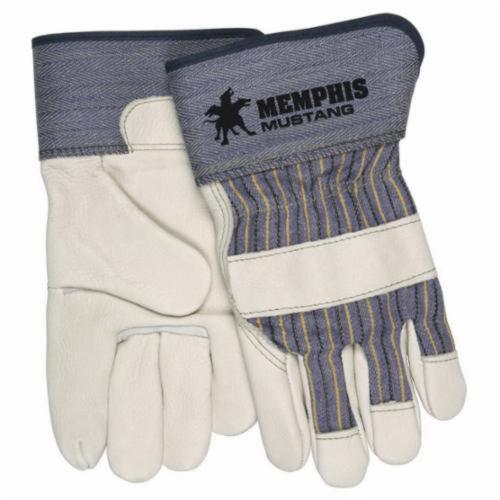 General Purpose Gloves, Premium Grade, Series: Mustang 1935, Leather Palm Glove, S, Cowhide Leather Palm, Cowhide Leather, Beige/Blue/Red/Black Fabric/Black Logo, Gunn Cut/Standard Finger/Wing Thumb, Fleece, Safety Rubberized Cuff, Knuckle Strap/Shir