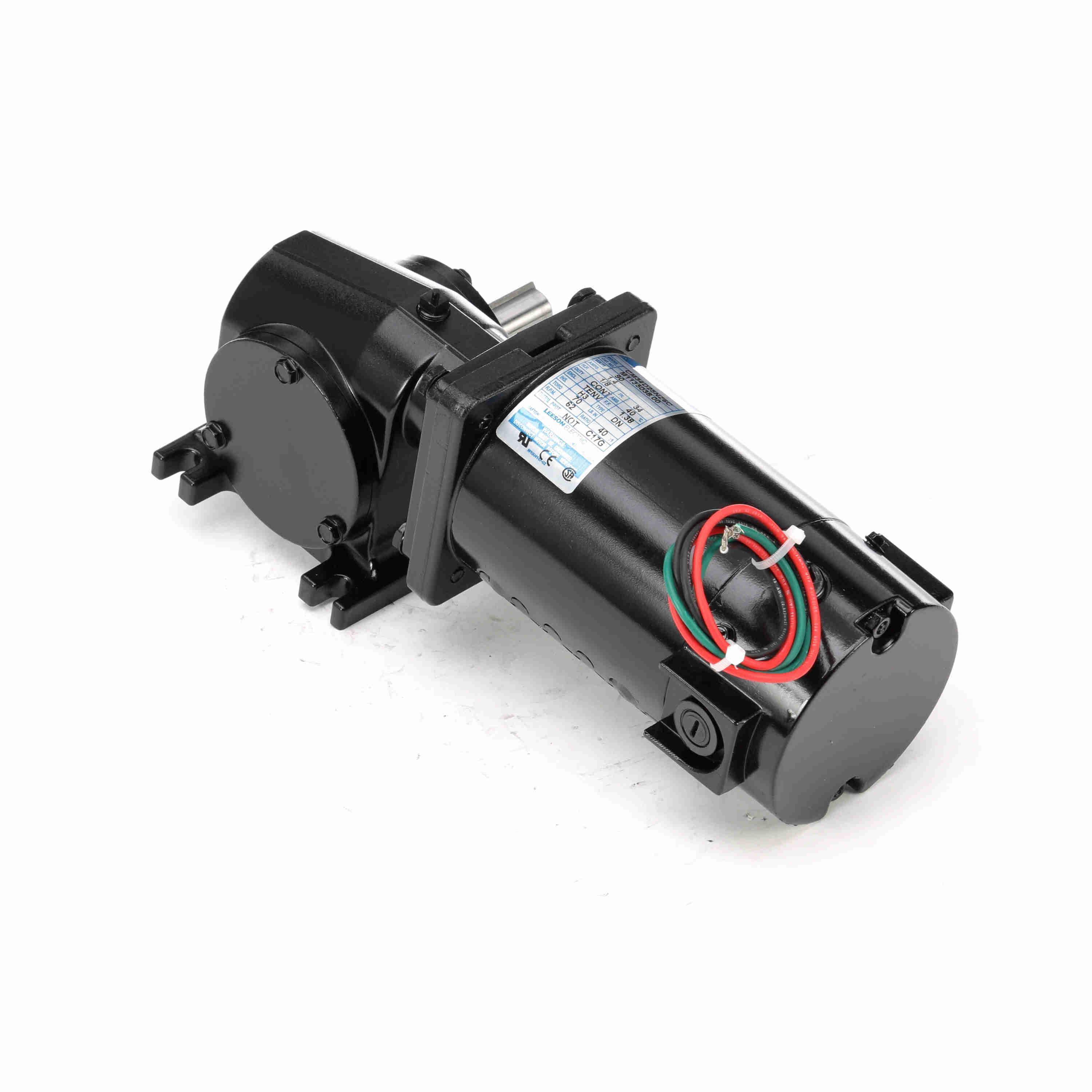 DC Gearmotor, Right Angle SCR Rated, Series: 13 Series, 90 V DC, 1.4 A Full Load Amperage, 1/8 hp, 62 RPM Maximum, 5/8 in Shaft Dia, 1-1/2 in Shaft Length, 70 in-lb, 40:1 Gear Ratio, 13F40-34C Gear, Ball Bearing, 235 lb Overhung Load, 40 °C, Class H3 Insulation, TENV, Aluminum Housing, 10.64 in L x 4 in W x 4.76 in H