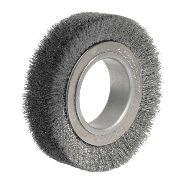 Wire Wheel Brush, Wide Face, 4-1/2 in Brush Dia, 1-1/4 in Brush Width, 2 in, Crimped Wire, 0.006 in Wire Dia, Steel Wire, 3/4 in Trim Length, 6000 RPM Max