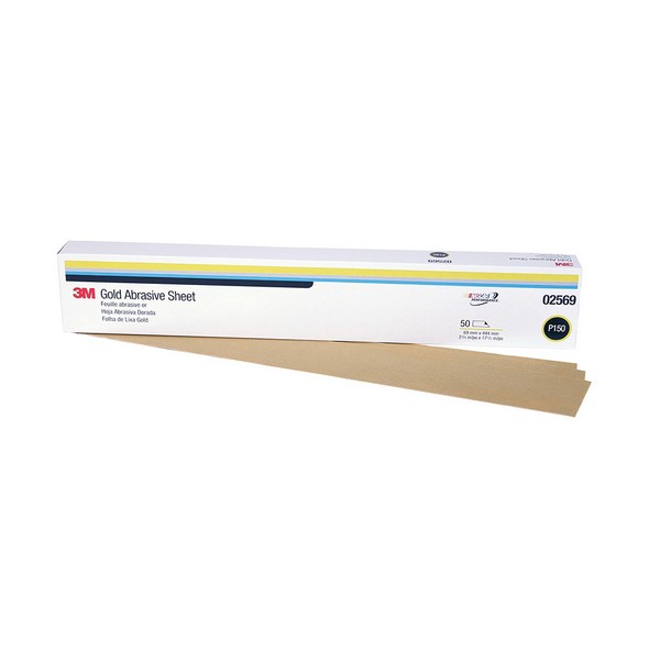 Coated Abrasive Sheet, Clip-On, 16-1/2 in Length, 2-3/4 in Width, P150 Grit, Coarse Grade, Aluminum Oxide Abrasive, Paper Backing, Open Coat, Applicable Materials: Clear Coat, Fiberglass, Filler, Metal, Paint, Plastic and Putty, Gold, A-Weight Backin