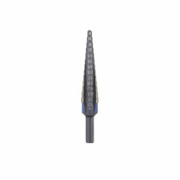 Step Drill Bit, Imperial, #1 Letter/Wire, 1/8 in Diameter Minimum Hole, 1/2 in Diameter Maximum Hole, 3-1/8 in Overall Length, 13 Steps, 1/32 in Step Depth, 13 Hole, 1 Flutes, Radial Concave Flute, 1/4 in Shank, M35 Cobalt HSS Cutting Edge, Bright/St