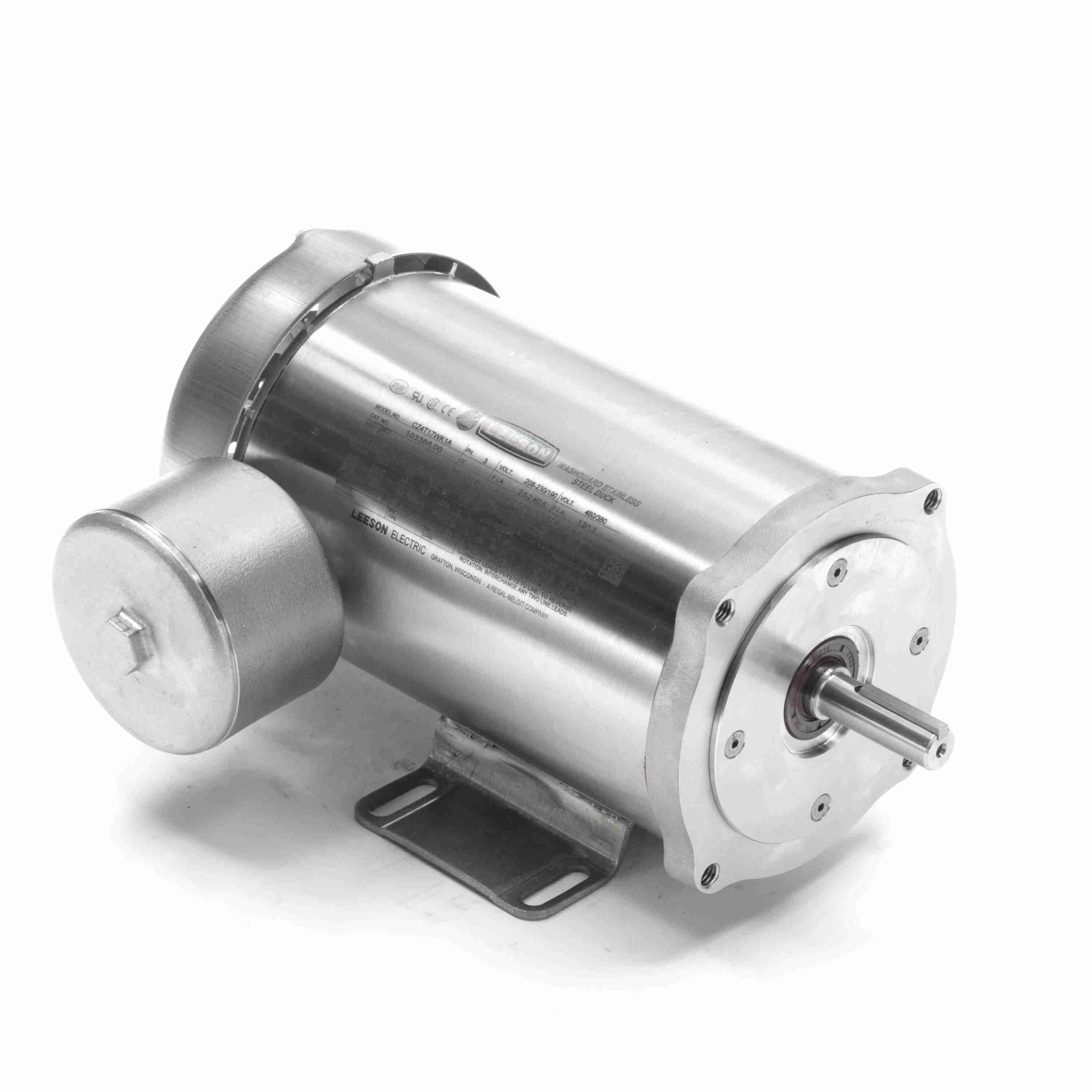 AC Motor, 3 ph, 1725 RPM Speed, 1 Speed, TEFC Enclosure, S56C Frame, 0.63 in Dia x 1.88 in L Shaft, Reversible Rotation, 36 ft-lb Torque, C-Face/Rigid Base Mounting, 40 °C, Insulation Class: Class F, Stainless Steel, 10:1 Variable Torque Speed