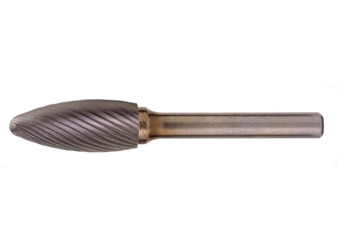 Bur, 0.118 in Diameter Head, 0.374 in Length of Cut, 1.5 in Overall Length, Flame Head Shape, Standard Cut, 0.118 in Shank Diameter, Carbide Head, Bright Head Coating, Industry Specification: SH-53