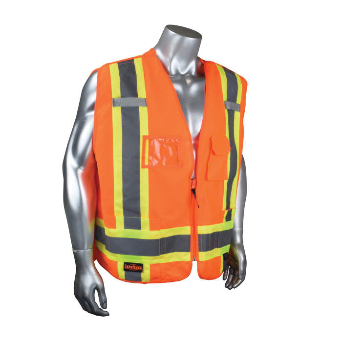 Vest, 2-Tone Heavy Duty Tear Away, Series: SV020X-2, 3X Size, Hi-Viz Orange, Polyester, Silver Stripe, 7 Pockets, ANSI Class: Class 2, Specifications Met: ANSI/ISEA 107-2015 Type R