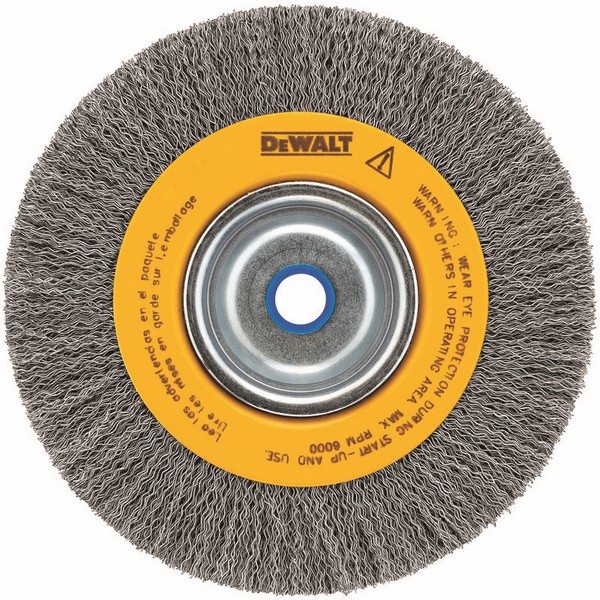 Bench Grinder Brush, Wide Face, 6 in Diameter Brush, 1 in Face Width, 5/8 to 1/2 in Arbor Hole, Crimped Wire Filament/Wire, 0.014 in Dia Filament/Wire, Carbon Steel Fill, 1-1/8 in Trim Length, 6000 RPM Maximum