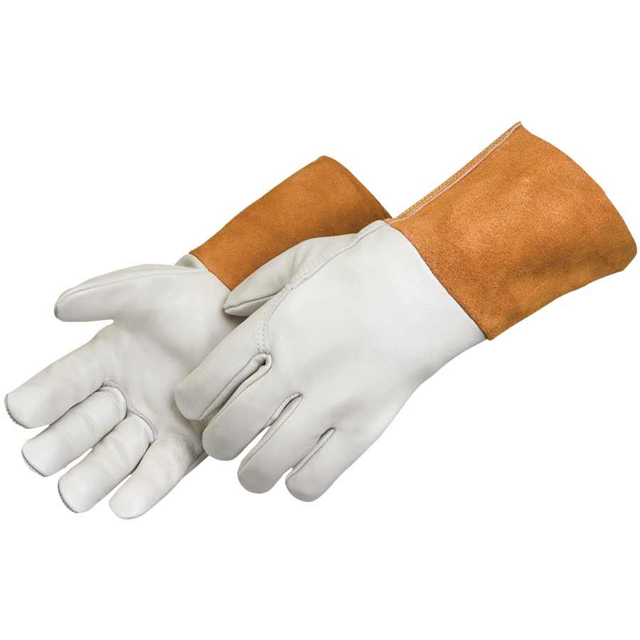 Welder Glove, Premium, Series: 7114, Cowhide Leather, Bourbon Brown/White, Wing Thumb Style, Gauntlet Cuff