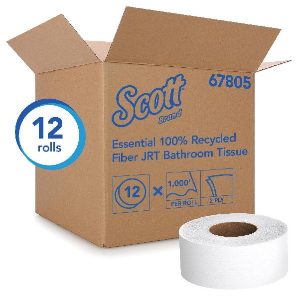 Bathroom Tissue, Series: JRT Jr., 3.55 in Width, 1000 ft Length, White, Recycled Fiber, Jumbo Roll Package Type, 2 Ply