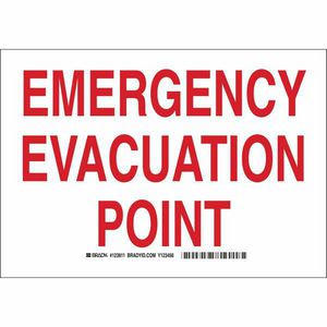 Exit Sign, Rectangular, Header: EMERGENCY, Text Legend, Legend: EVACUATION POINT, B-401 Plastic, Corner Hole/Surface Mounting, 10 Inch Height, 14 Inch Width, Red on Green Legend/Background