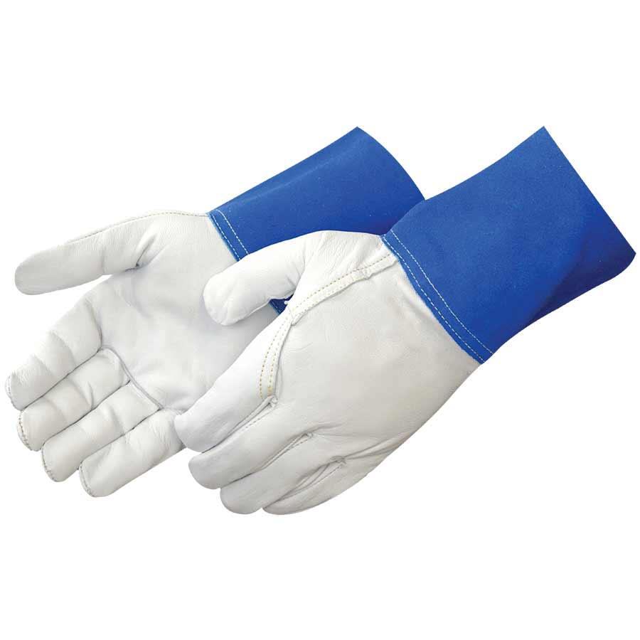 Welder Glove, Premium, Series: 7814, Goatskin Leather, Blue/White, Wing Thumb Style, Gauntlet Cuff