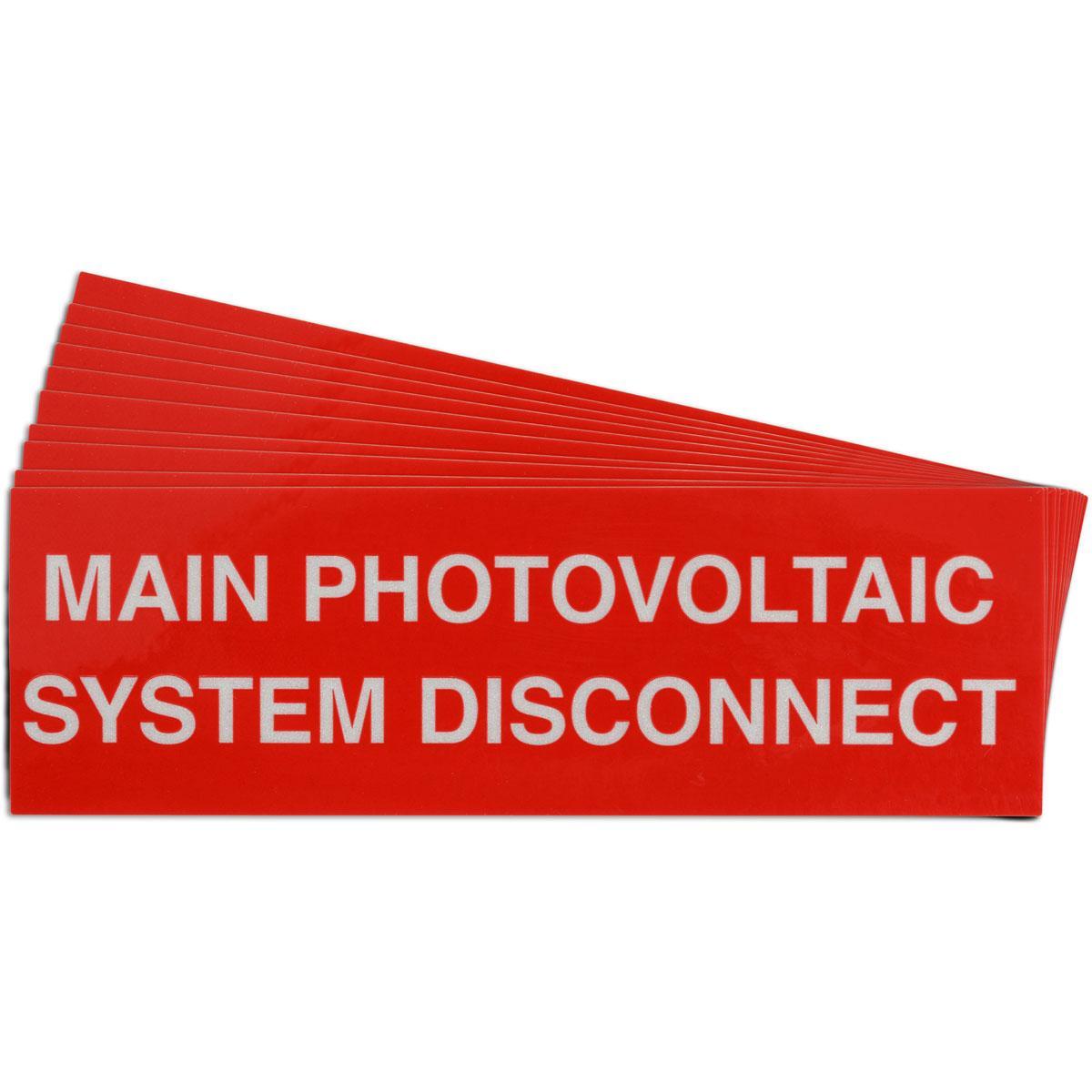 Warning Label, Pre-Printed Rectangle, Text Legend, MAIN PHOTOVOLTAIC SYSTEM DISCONNECT Legend, B-921 Acrylic, 1 in Height, 6-1/2 in Width, Red on Reflective Legend/Background, 0.012 in Thickness