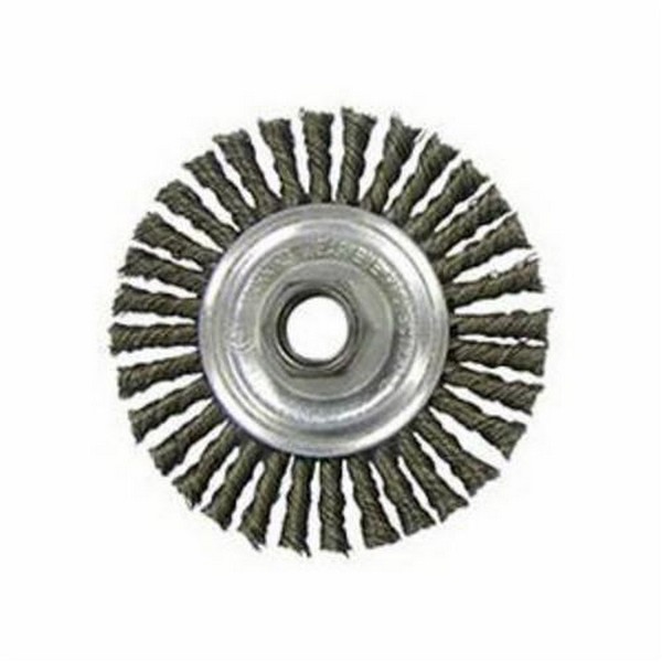 Weld Cleaning Brush, Narrow Face, 4 in Brush Dia, 5/8-11 UNC, Stringer Bead Knot Wire, 0.02 in Wire Dia, Steel Wire, 20000 RPM Max