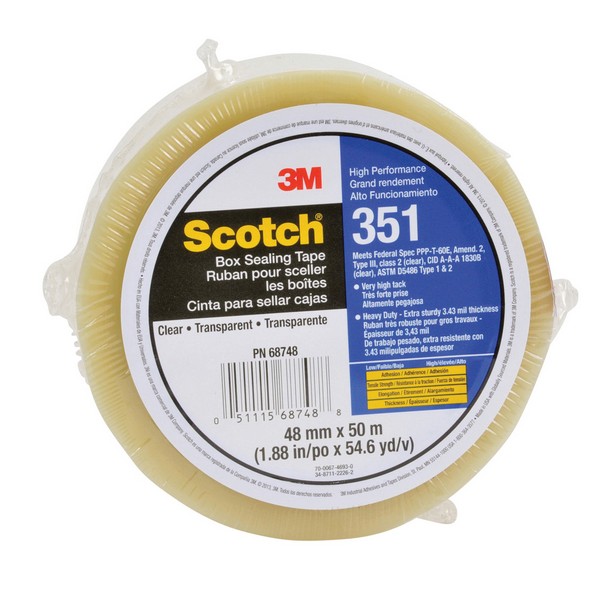Box Sealing Tape, 50 m Length, 48 mm Width, 3.43 mil Thickness, Clear, 3 Inch Diameter Core, Hot Melt Synthetic Rubber Resin Adhesive, Polyester Film Backing, 78 in-oz Adhesion Strength