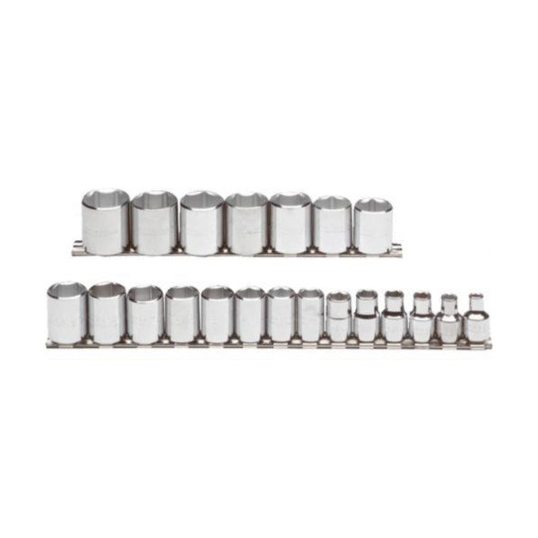 Socket Set, Measurement System: Metric, 21 Piece, 6 Points, Included Socket Size: 6 to 26 mm, 3/8 in Drive, Specifications Met: ASME B107.5M, Full Polished