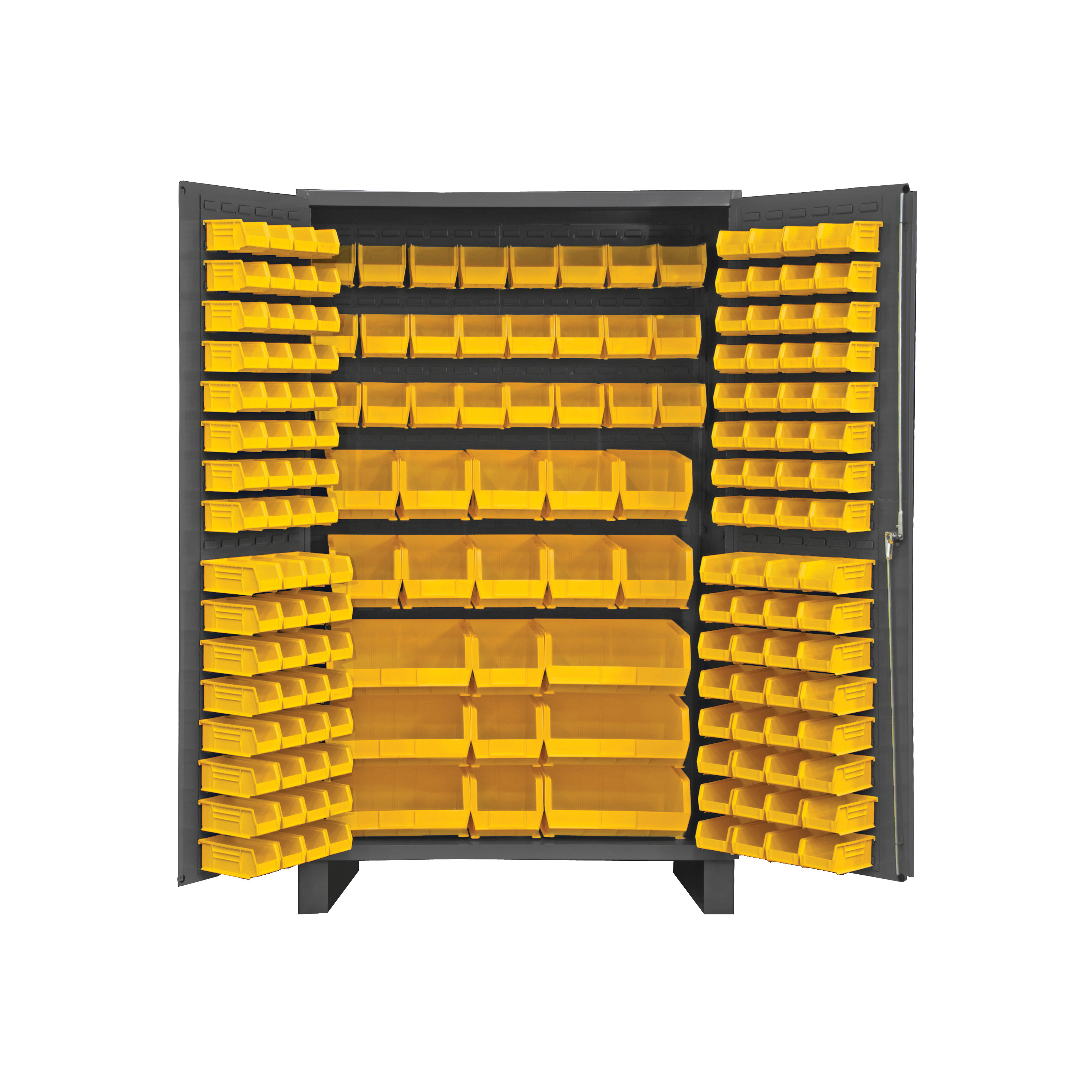 Bin Cabinet, 24 in Overall Length, 48 in Overall Width, 78 in Overall Height, Steel, Gray, 14 ga Gauge Thickness, 171 Bins, Yellow Bin, (64) 4 x 5 x 3 in, (64) 4 x 7 x 3 in, (24) 6 x 11 x 5 in, (13) 8 x 15 x 7 in, (6) 16 x 15 x 7 in Bin