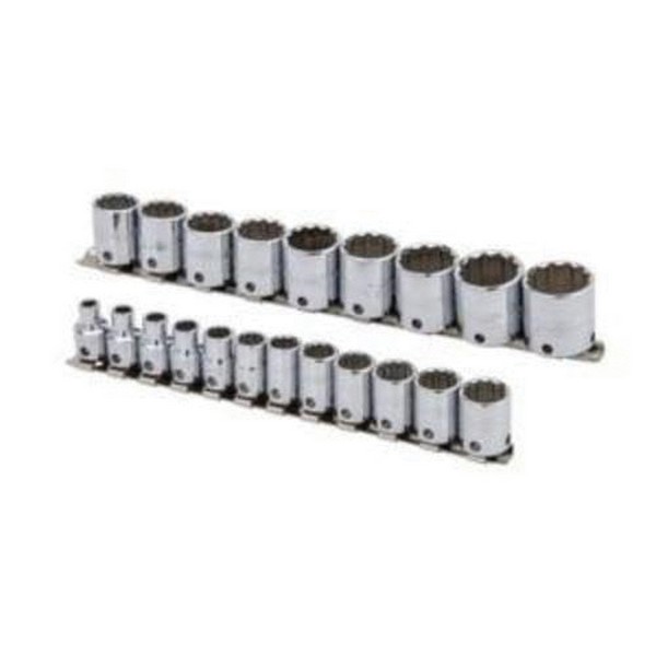 Socket Set, Measurement System: Metric, 21 Piece, 12 Points, Included Socket Size: 6 to 26 mm, 3/8 in Drive, Tether Capable: Yes, Full Polished