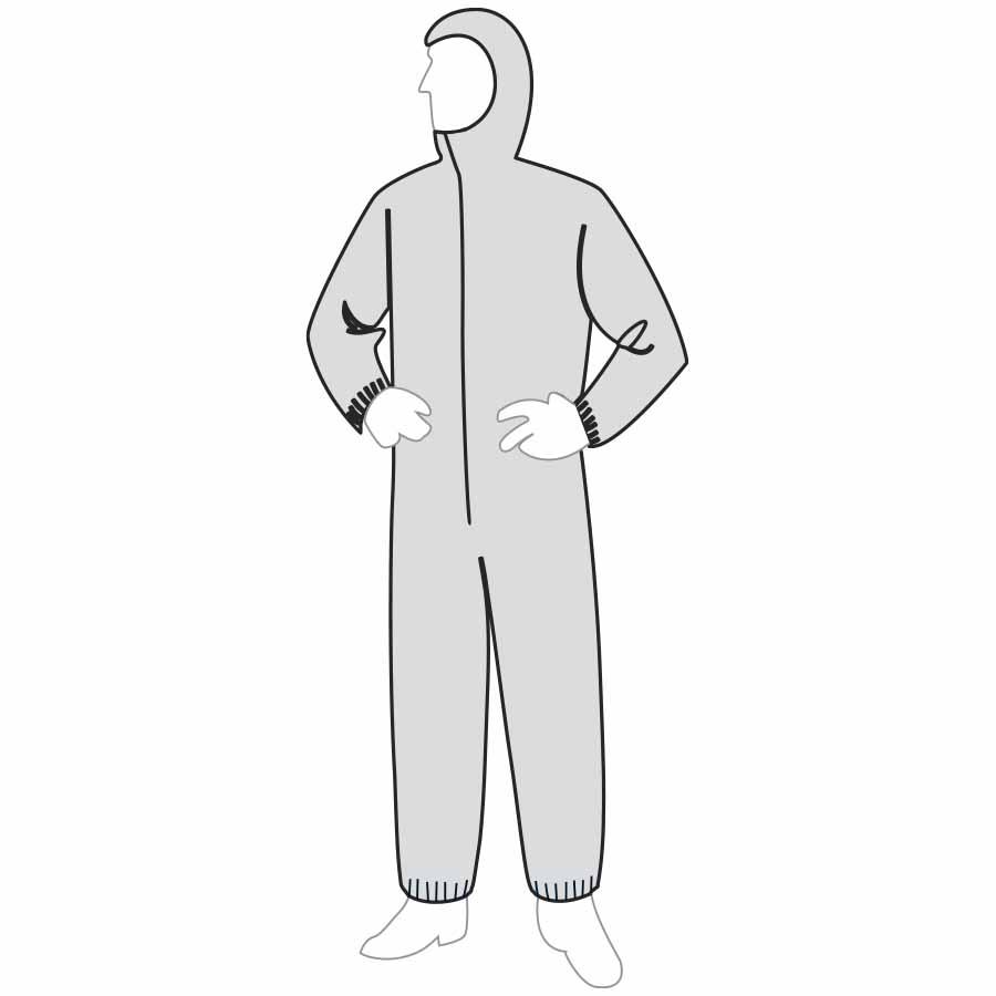 Coverall with Attached Hood, Elastic Wrist and Ankle, Light Weight, Series: 15127, 2XL Size, White, Spunbond Polypropylene, Serged Seam, Front Zipper Closure