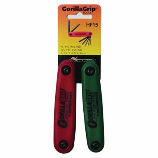 Key Set, Series: GorillaGrip®, Measurement System: Metric, 15 Piece, T9 to T40 Torx, 2 to 8 mm Hex, Fold-Up Handle, Protanium® High Torque Steel, ProGuard™, Black/Red/Green