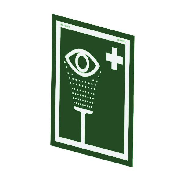 Hughes Eye/Face Wash Sign, Pictogram Universal, Series: Hughes, Specifications Met: BS EN ISO 7010, PVC, White on Green, 12 in W x 10 in H Dimensions