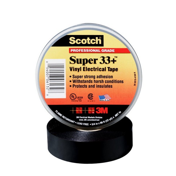 Electrical Tape, 1-Sided Premium-Grade, 44 Foot Length, 3/4 Inch Width, 7 mil Thickness, Black, Rubber Resin Adhesive, PVC Backing, 28 to 60 in-oz Adhesion Strength, 600 VAC, 1150 V/mil Dielectric Strength, 15 in-lb Tensile Strength, 221 °F Maximum Opera