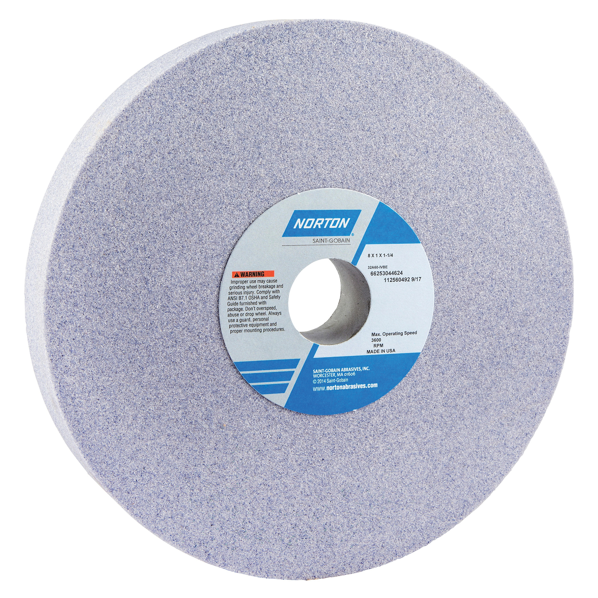 Toolroom Wheel, Straight, Series: 32A, 8 in Wheel Diameter, 1 in Wheel Thickness, 1-1/4 in Center Hole, 60 Grit, Medium Grade, Aluminum Oxide Abrasive, 3600 RPM Maximum, Wheel Hardness: I, Vitrified Bond, Purple Wheel, Wheel Type Number: Type 1