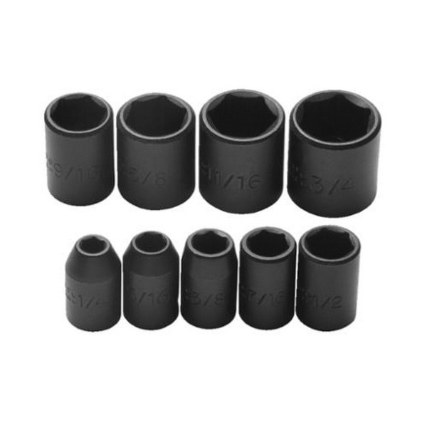 Socket Set, Standard, Yes Impact Rated, Measurement System: Imperial, 9 Piece, 6 Points, 1/4 to 3/4 in Included Socket Size, 3/8 in Drive, ASME B107.2 Specifications Met, Black Oxide