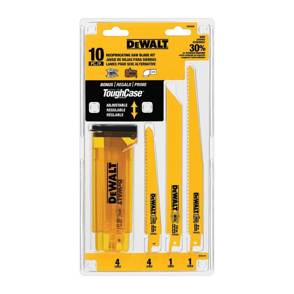 Reciprocating Saw Blade Set, 10-Piece, Raker Teeth, Universal/Toothed Edge Tang, Bi-Metal Cutting Edge, Bi-Metal Body, Anti-Rust Coated, Yellow, Applicable Materials: Wood and Metal