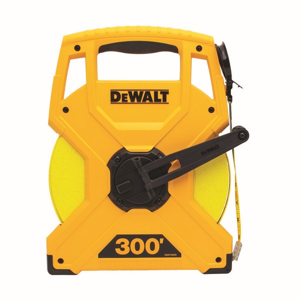Measuring Tape, Double Sided Long, Measuring System: SAE, 300 ft Blade Length, 1/2 in Blade Width, Fiberglass Blade, Foldaway Hook Tape End, Crank Arm Case, Color/Finish: Yellow