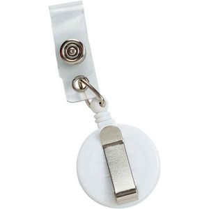 Badge Holder, Retractable Round Case, Heavy Duty Nylon Cord/Plastic Reel/Vinyl Strap, White