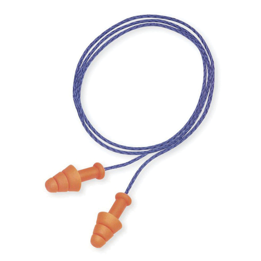 Earplugs, Multi-Use, Series: SmartFit®, Corded, 25 dB Noise Reduction Rating, Triple Flange, Universal, Orange Plug, Thermoplastic Elastomer Plug, Blue Cord, Nylon Cord, 2003/10/EC, 89/686/EEC, ANSI S12.6/1997, ANSI S3.19-1974, EN 352-2:1993, Z94.2-1994 Specifications Met, Reusable Disposable/Reusable