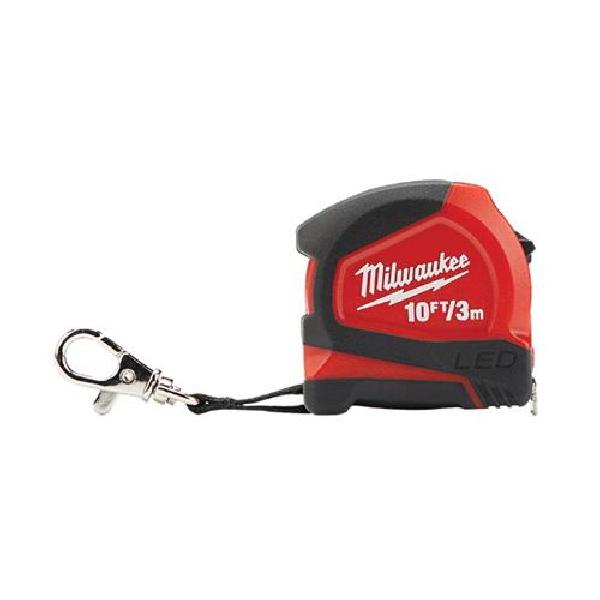 Measuring Tape, Compact Magnetic, Measuring System: Imperial/Matric, 10 ft Blade Length, Steel Blade, Graduations: 1/16 in, 4 ft Standout, Plastic Case, Black/Red Case