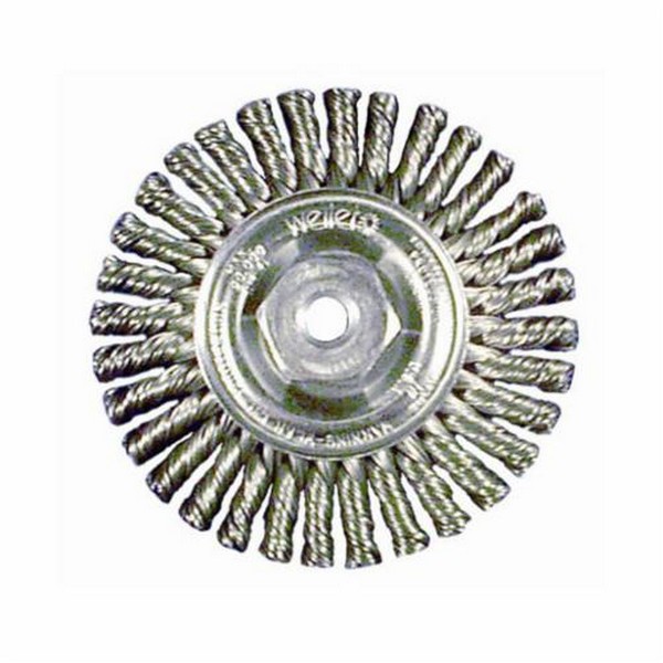 Weld Cleaning Brush, Root Pass, 4 in Brush Dia, 3/16 in Brush Width, 5/8-11 UNC, Stringer Bead Knot Wire, 0.02 in Wire Dia, Steel Wire, 7/8 in Trim Length, 20000 RPM Max