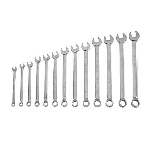 Combination Wrench Set, Long, System of Measurement: Metric, 8 to 20 mm, 13 Piece, 12-Point, Box End Drive, Steel, Full Polished