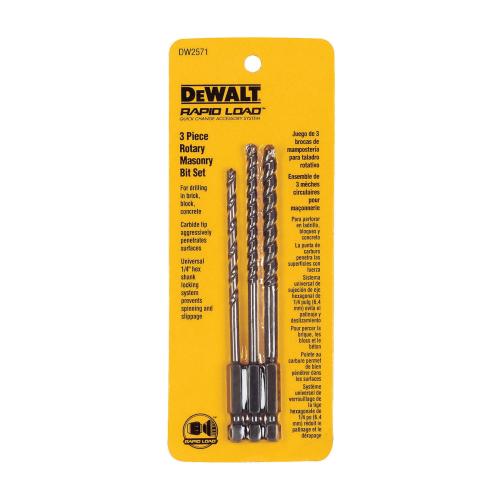 Masonry Drill Bit Set, Rotary, Imperial System of Measurement, 5/32 in Minimum Drill Bit Size, 1/4 in Drill Bit Size, 135 deg Drill Point Angle, 3 Piece, Specifications: 1/4 in Straight Shank, Standard Point, Carbide Tip, Bright, Silver