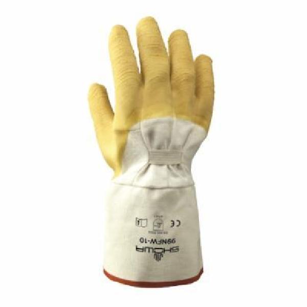 General Purpose Gloves, Heavy Duty, Series: 99NFW, Coated Glove Type, L/SZ 10 Size, Natural Rubber Latex Palm, Cotton, White/Yellow, Cotton Flannel/Seamless Knit Lining, Gauntlet Cuff, Natural Rubber Latex Coating, Palm Coating Coverage, 260 mm Lengt