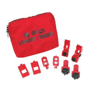 Breaker Lockout Kit, Filled Filled/Unfilled, Language: English, 9 Piece, 4-3/4 in Height, 7-1/2 in Width, 2 in Depth, Nylon, Black on Red