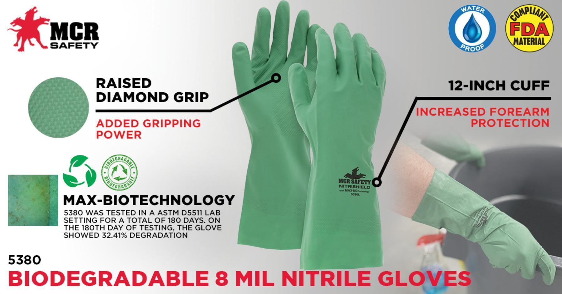 Biodegradable Gloves, Small Size, Nitrile Palm, Green, Unlined Lining, Straight Cuff, 12 in Length