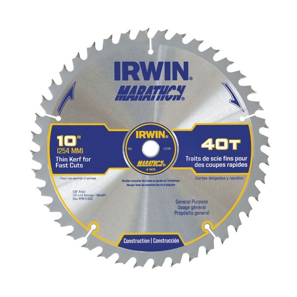 Circular Saw Blade, General Purpose Miter/Table, Series: Construction Series, 10 in Diameter, 5/8 in Arbor, ATB Teeth, 40 Teeth, 0.095 in Kerf, Carbide Cutting Edge