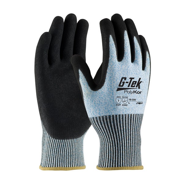 Cut Resistant Gloves, Lightweight Unisex, Series: 16-330, XS Size, Nitrile Coating, Nitrile/PolyKor™ Fiber, Black/Blue/White, Seamless Style, High Performance Polyethylene Fiber Lining, Continuous Knit Wrist Cuff, 9.2 in Length, A2 ANSI Cut-Resistanc