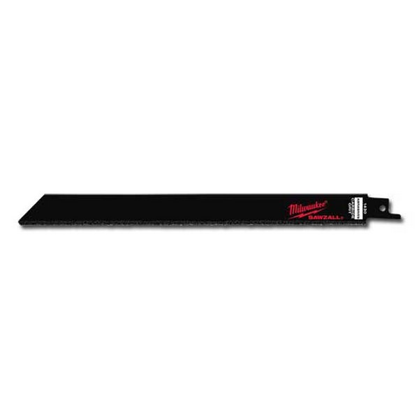 Reciprocating Saw Blade, Straight Back Thin Kerf, 9 in Length, 3/4 in Width, 0.032 in Thickness, Continuous Teeth, 1/2 in Tang, Universal/Toothed Edge Tang, Tungsten Carbide Cutting Edge, Tungsten Carbide Body, Bright, Black, Applicable Materials: Ab