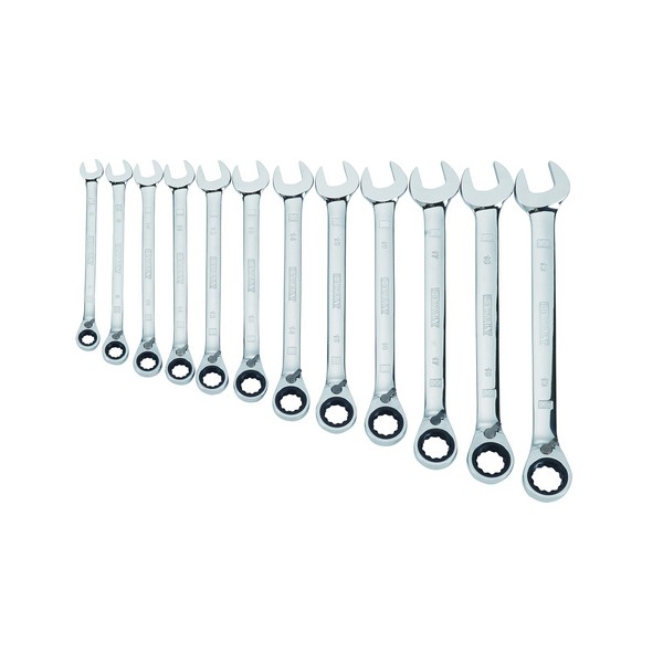 Wrench Set, Ratcheting, Imperial System of Measurement, 1/4 to 7/8 in Size, 12 Piece, Specifications: 72 Teeth, Polished Chrome