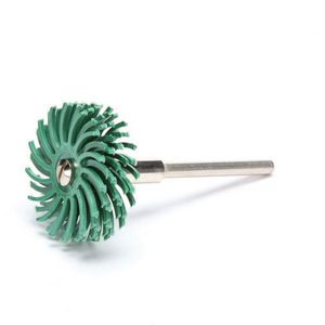 Radial Bristle Brush, 1 Inch Diameter Brush, 1/8 Inch Arbor Hole Size, 50 Grit, Coarse Grade, Ceramic Fill, 35000 RPM Maximum, Green Brush Color