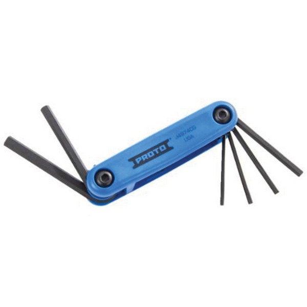 Hex Key Set, Short Arm, Measurement System: Metric, 7 Piece, 1.5 to 6 mm Hex, Foldable Handle, Specifications Met: ASME B18.3, Specifications: 3 in L Bits, Alloy Steel, Black Oxide
