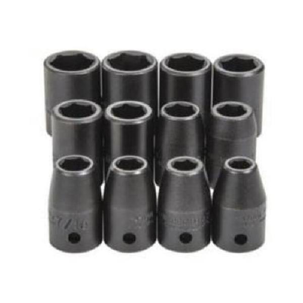 Impact Socket Set, Yes Impact Rated, Measurement System: Metric/Imperial, 12 Piece, 6 Points, 1/2 in Drive, Specifications Met: ASME Specified, Specifications: Square Drive, Alloy Steel, Black Oxide
