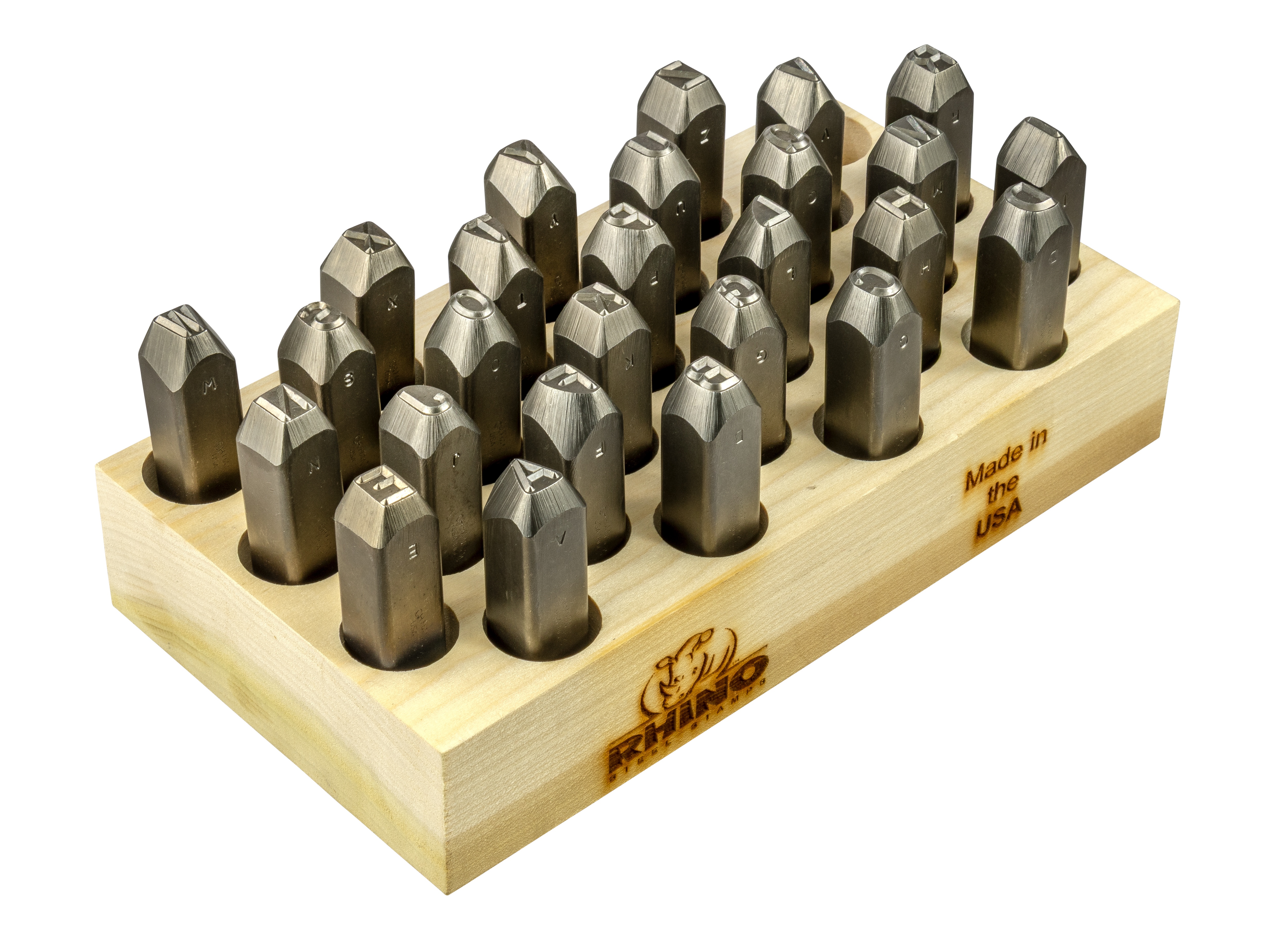 Letter Stamp Set, 26-Piece, Series: Rhino, Character: A to Z, 3/16 in Character Height, 3-1/2 in Shank Length, 9/16 in Shank, Steel, 50 HRC Hardness, Wood Case, Character and Size are Marked on Thumb Side Indication