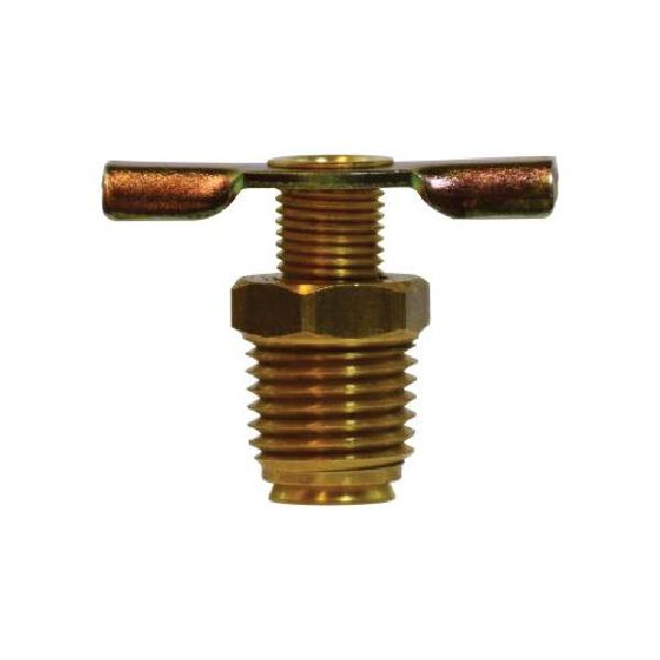 Drain Cock, External Seat Radiator, 1/4 Inch Nominal, MIP End Style, 150 psi Pressure, 0.56 Inch Hex, Media: Air/Fluid/Water, Brass Body, 1 Inch Length Dimensions, Import