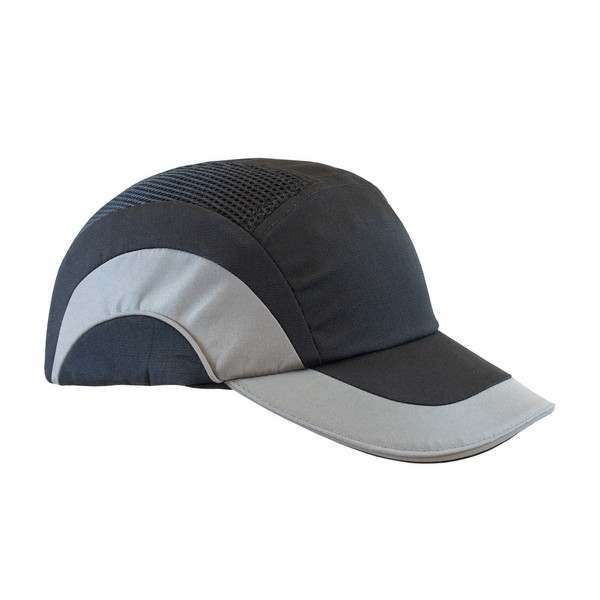 Bump Cap, Baseball Style Low Profile Standard Brim, Series: 282-ABR170, OS Size, Fits Hat Size: 6-5/8 to 7-7/8 in, Black/Gray, HDPE with EVA Foam Padding Liner/80% Polyester/20% Cotton Cap, Elastic Strap Suspension, 6 in L x 11 in W, Specifications M