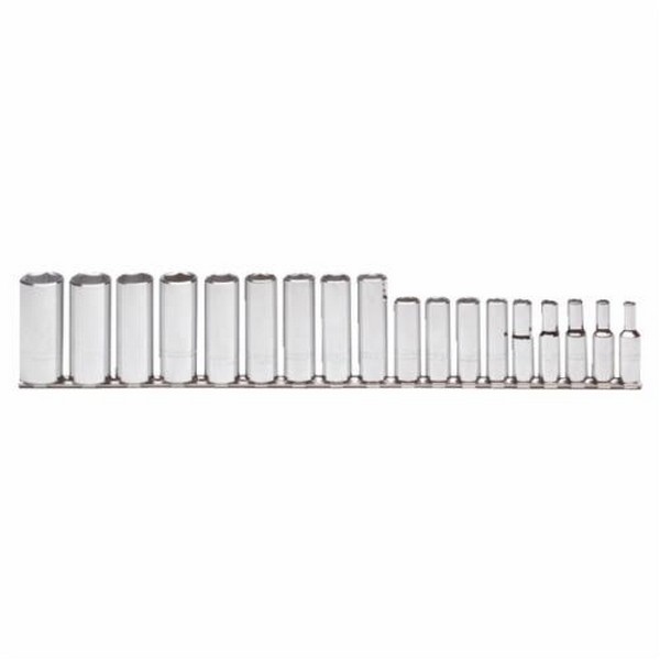 Socket Set, Measurement System: Metric, 18 Piece, 6 Points, Included Socket Size: 6 to 23 mm, 3/8 in Drive, Specifications Met: ASME B107.5M, Full Polished