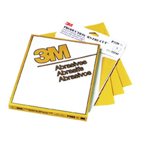 Coated Abrasive Sheet, 11 Inch Length, 9 Inch Width, P320 Grit, Medium Grade, Aluminum Oxide Abrasive, Paper Backing, Open Coat, Applicable Materials: Clear Coat, Fiberglass, Paint, Plastic and Primer, Gold, A-Weight Backing Weight