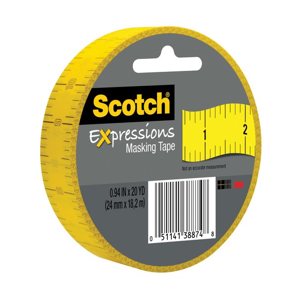 Expressions Masking Tape, Decorative Ruler, 20 Yard Length, 0.94 Inch Width, Transparent, 1 Inch Diameter Core, Paper Backing, 16 in-oz Adhesion Strength, 24 in-lb Tensile Strength, Removability: Clean